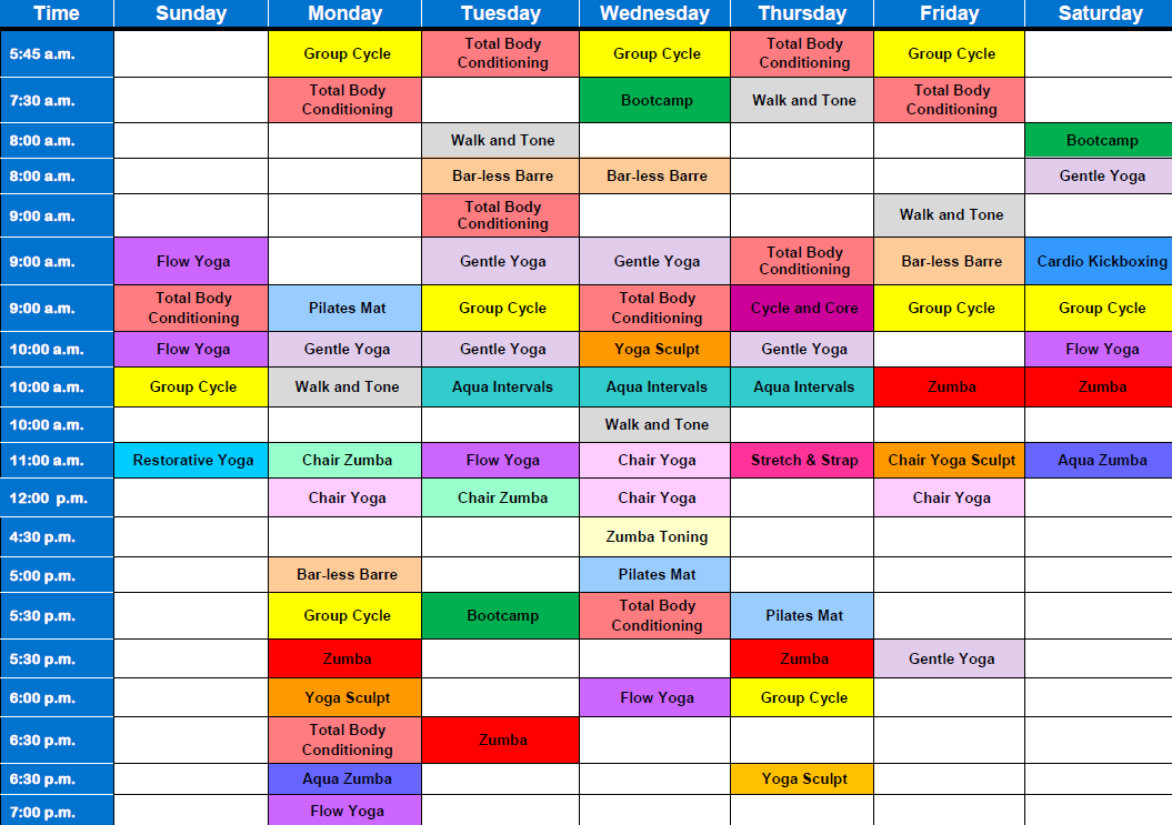 july and august grid of group exercise schedule